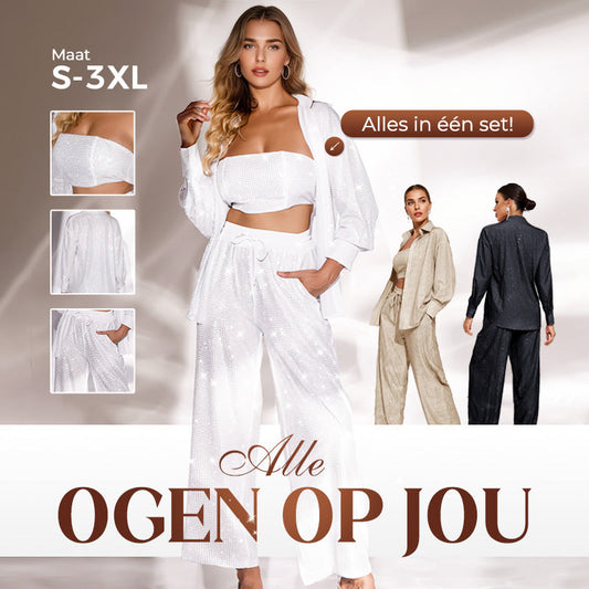 💕2025 HOT SALE💐Paillettenblazer en wijde broek voor dames (set van 3 stuks)
