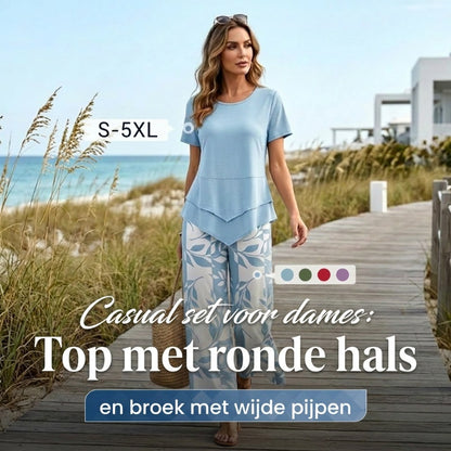 👚 NU 60% KORTING! 🔥 Casual set bestaande uit een tuniek met ronde hals en meerdere lagen, gecombineerd met een wijde broek – zwierig model, zachte stof en perfect voor elke dag 🌸