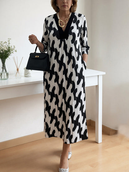 🌸Vroege Lente Sale 50% KORTING!🔥 Casual Chique Maxi-jurk – V-hals, Middellange Mouwen, Perfect voor Elke Dag ✨