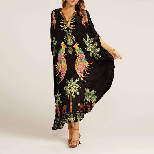 Elegante losse V-hals bedrukte jurk voor dames