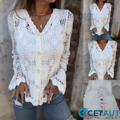 🌞Fris De Lente In Met 50% Korting!🌸 Langarm Top met V-hals van Kant voor Vrouwen