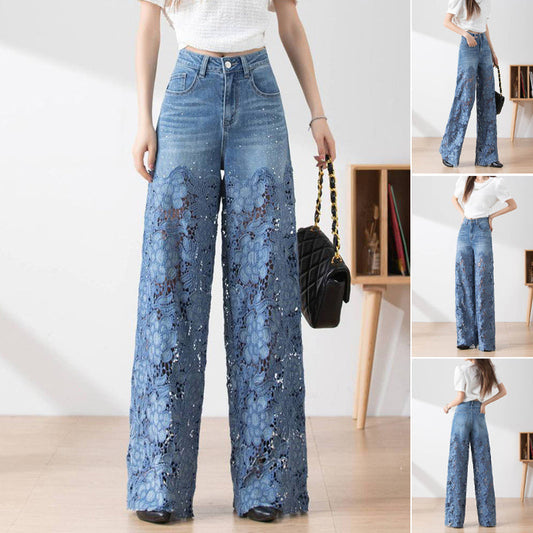 🔥 50% uitverkoop zomer Damespantalon met hoge taille en blauwe denim broek met brede pijpen en uitgesneden kanten panelen
