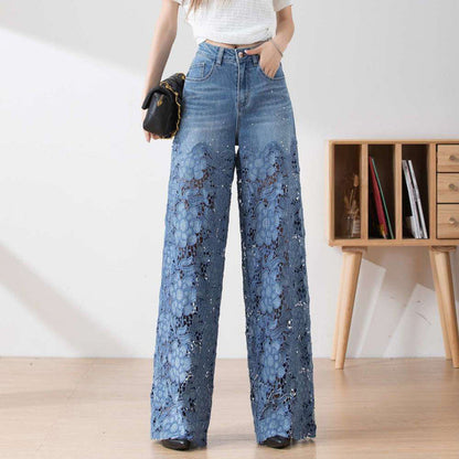 🔥 50% uitverkoop zomer Damespantalon met hoge taille en blauwe denim broek met brede pijpen en uitgesneden kanten panelen