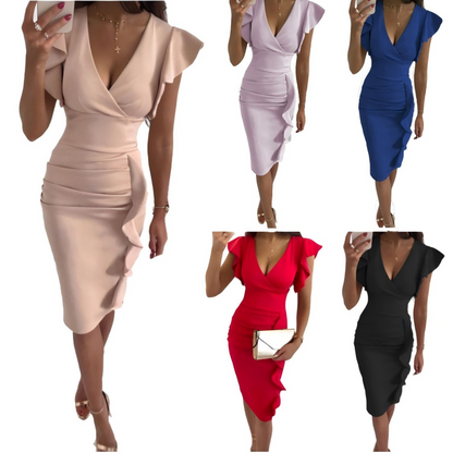 V-hals jurk met ruches, slim fit en hoge taille