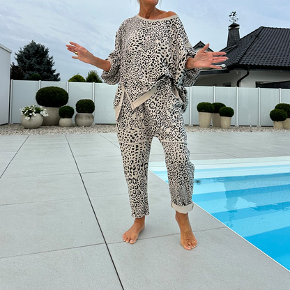 Dames set van 2-delige top en broek met luipaardprint