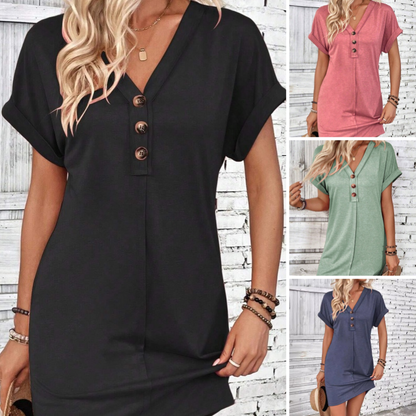 👗Dames modieuze, veelzijdige jurken in effen kleur met opgerolde mouwen, knopen en V-hals